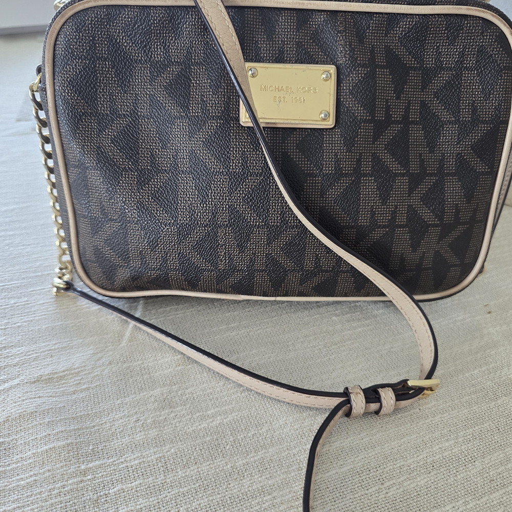 Michael Kors Black and Tan Crossbody Bag with Chain Detail